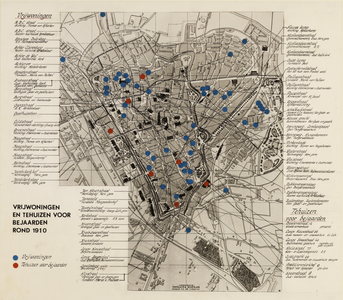 216129 Plattegrond van de stad Utrecht, met aanduiding en beschrijving van vrijwoningen en tehuizen voor bejaarden rond ...